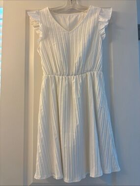 SHEIN White Pleated V-Neck Ruffle Sleeve Midi Dress